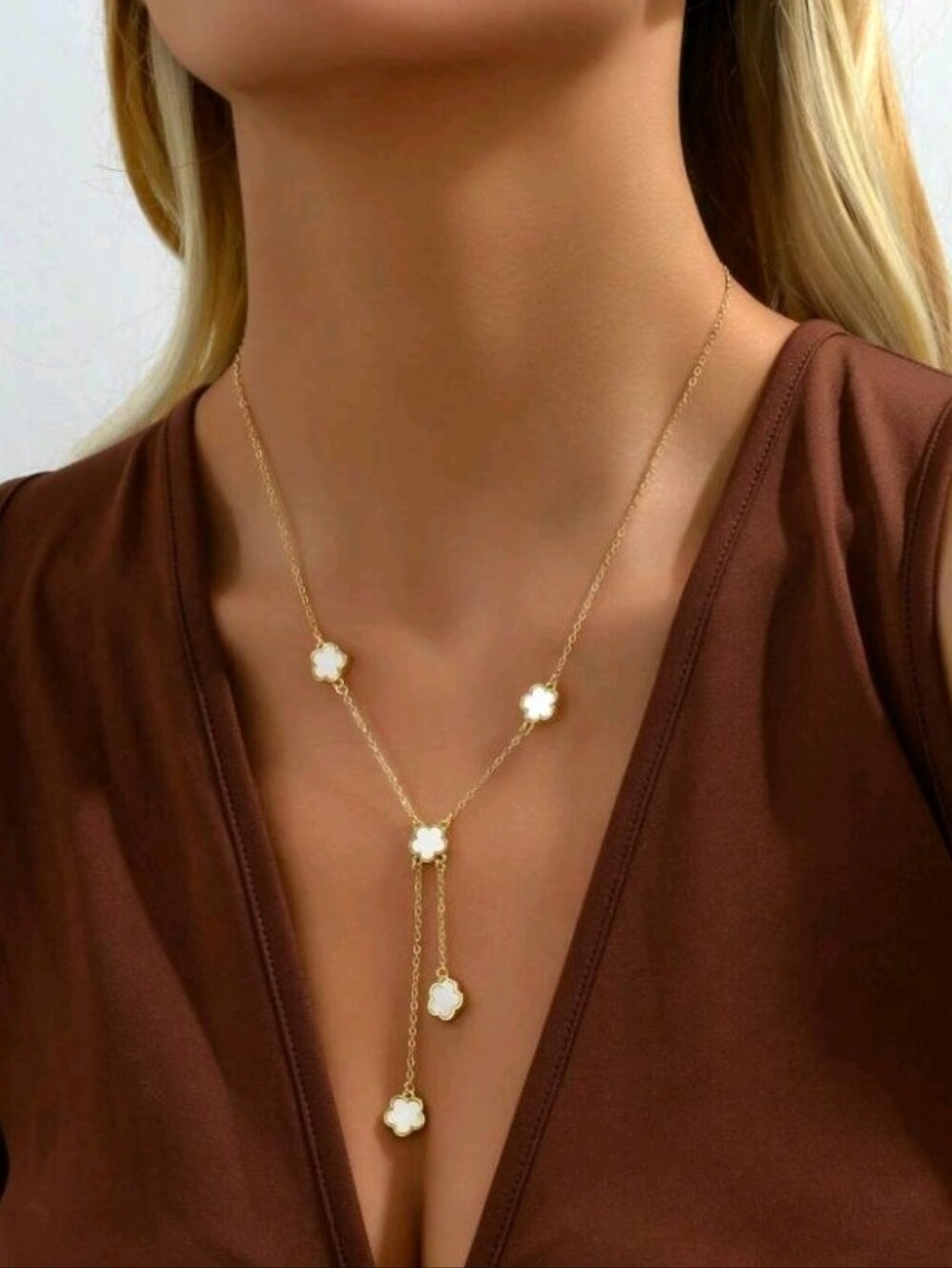 NEW! 18K Gold Plated Clover Mother of Pearl Lariat Necklace - Women Jewelry